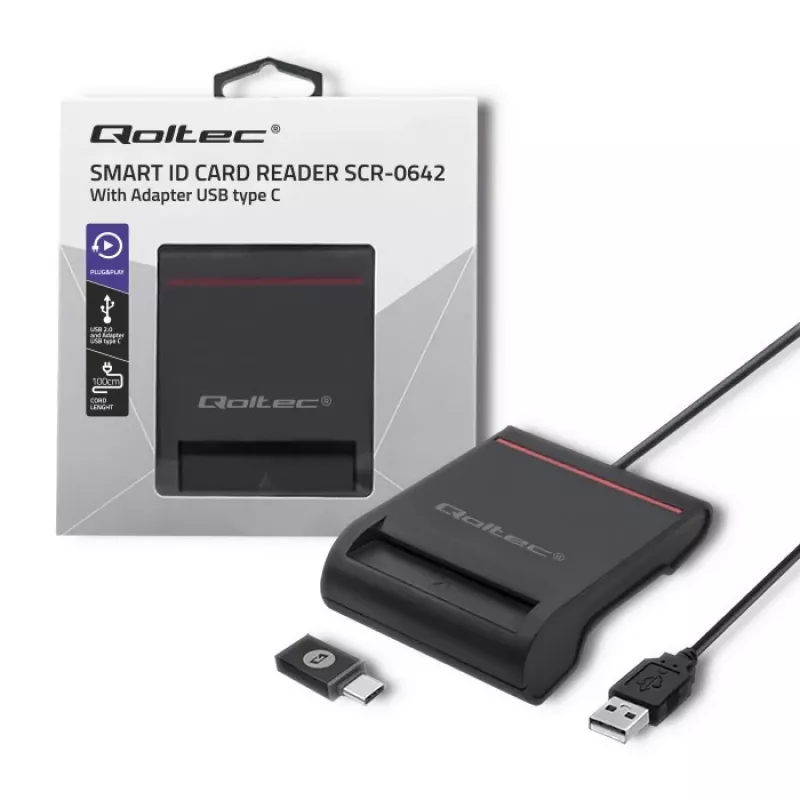 ID kortelių skaitytuvas QOLTEC Smart chip ID card scanner — USB, juodas, 84,5×65×16 mm, 63 g