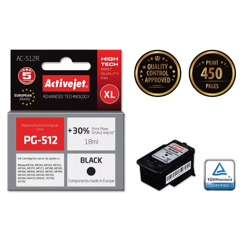 Activejet AC-512R rašalas (pakaitalas Canon PG-512; Premium; 18 ml; juodas)