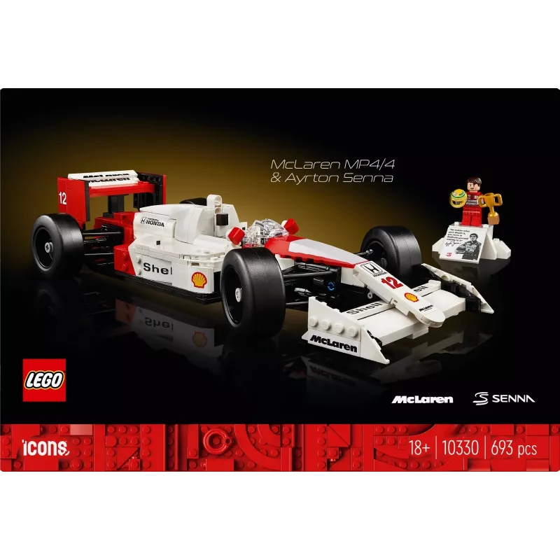 LEGO rinkinys McLaren MP4/4 Ayrton Senna 10330 — LEGO ICONS mastelio modelio vitrina