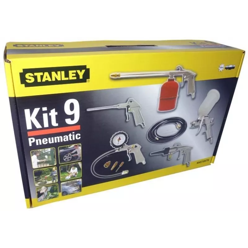 Pneumatinis įrankių rinkinys STANLEY 9045718STN, 9 dalių rinkinys, metaliniai įrankiai, spiralinė žarna 5 m, maks. 20 bar
