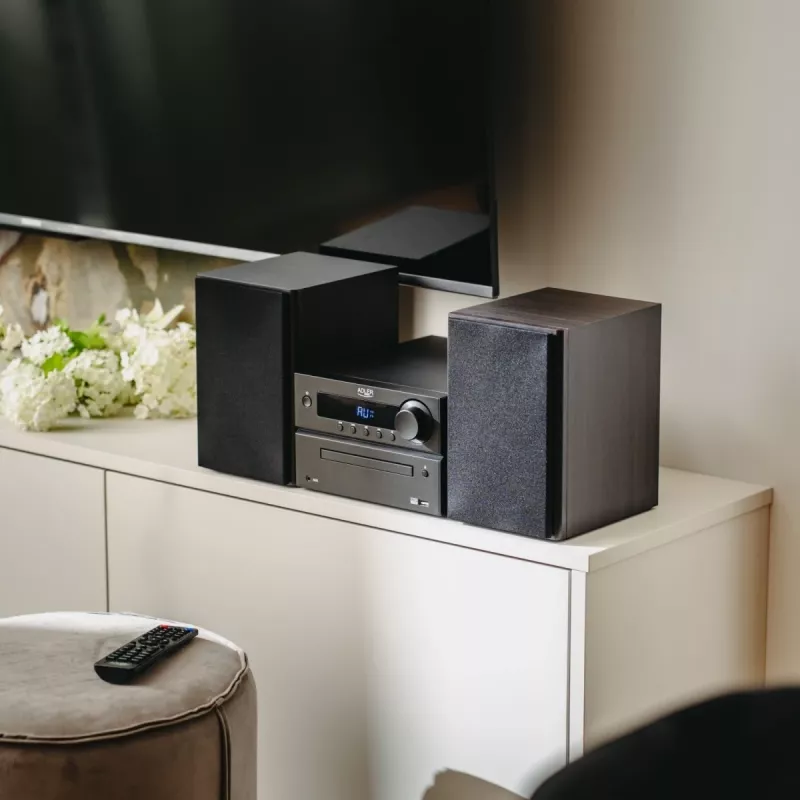 Mini Hi-Fi stereosistema Adler AD 1917 — Bluetooth V5.3, CD/USB/MP3, 2×25W RMS, FM imtuvas, 4 juostų ekvalaizeris, AUX, juoda