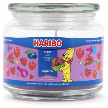 Vaškinė žvakė Haribo A2168 apvali gervuogių-aviečių-braškių, rožinė, 100 mm × 100 mm, 300 g, stiklinis indas