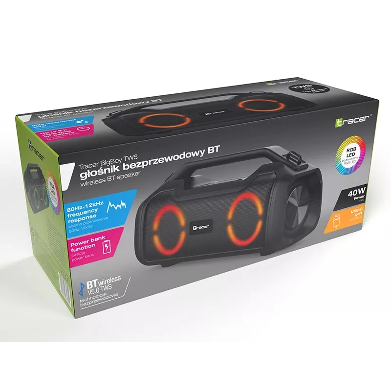Stereo nešiojamas garsiakalbis TRACER BigBoy TWS Bluetooth 40W RMS, Bluetooth 5.3, 12h baterija, juodas
