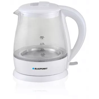 Elektrinis virdulys BLAUPUNKT 1 L 1630 W baltas — stiklinis korpusas, 360° pagrindas, mygtuku atidaromas dangtis