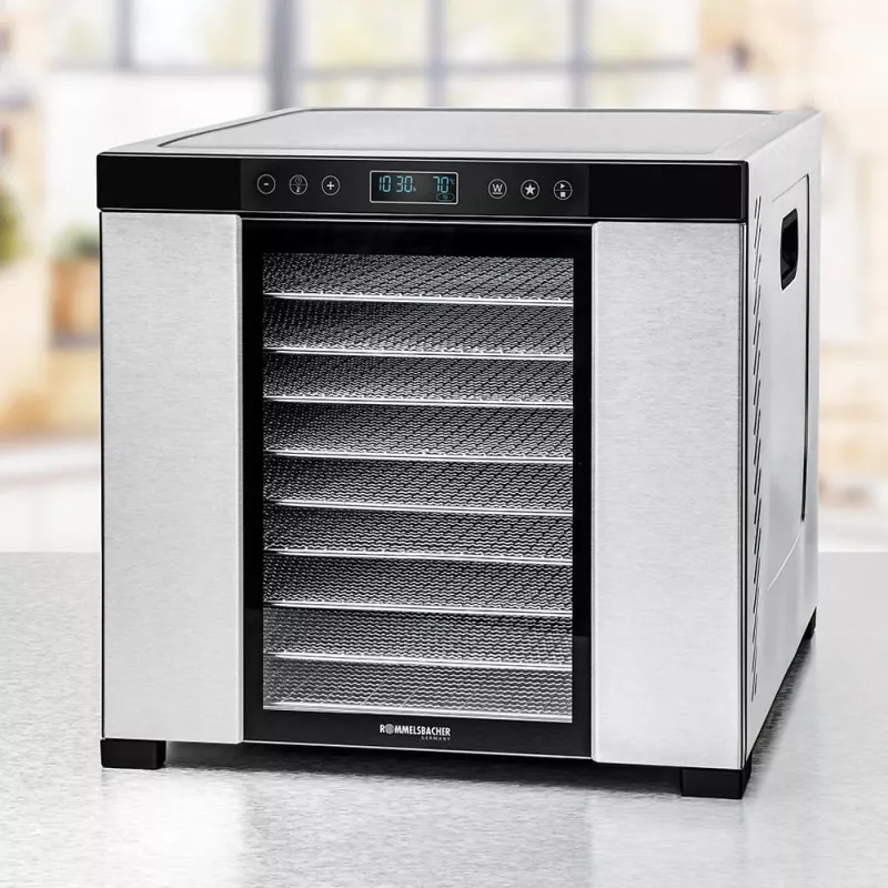 Maisto džiovykle Rommelsbacher DA1050, nerūdijantis plienas, 5 padėklai (10 nerūdijančio plieno dėklų), reguliuojama 35–75 °C, 99 val. laikmatis, 1,6 m² džiovinimo plotas