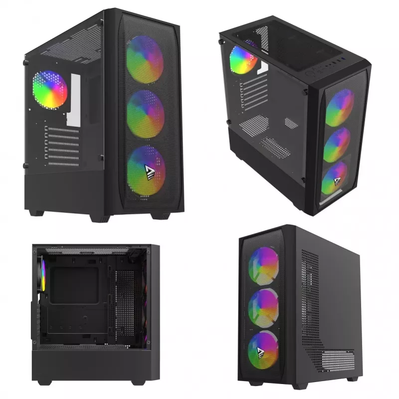 PC korpusas SAVIO Noctis Flow RGB — Cube, ATX/Mini-ITX, 3x 120 mm priekiniai ventiliatoriai, grūdintas stiklas šone, maks. GPU 35 cm