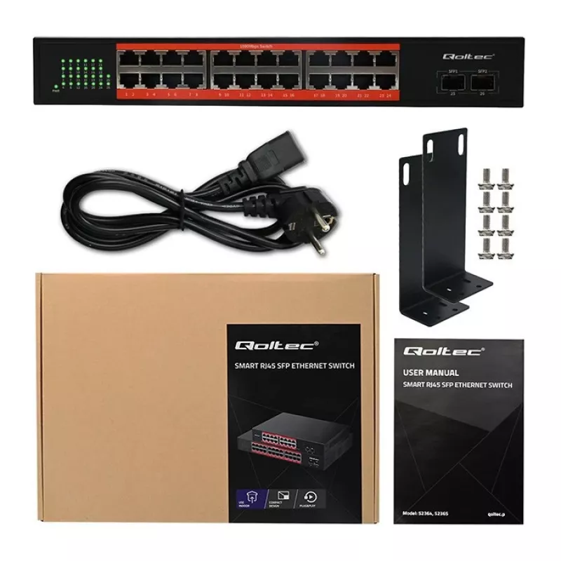 Tinklo komutatorius QOLTEC Gigabit Ethernet PoE 24xRJ45 2xSFP