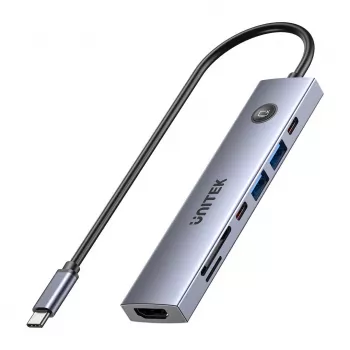 USB-C šakotuvas Unitek H1124AGY01 su 100W PD, HDMI 2.0, 2x USB‑A, 2x USB‑C, SD/microSD skaitytuvu — aliuminis