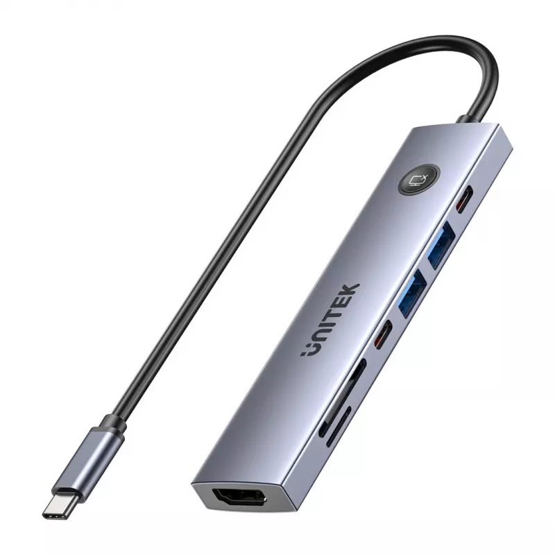USB-C šakotuvas Unitek H1124AGY01 su 100W PD, HDMI 2.0, 2x USB‑A, 2x USB‑C, SD/microSD skaitytuvu — aliuminis