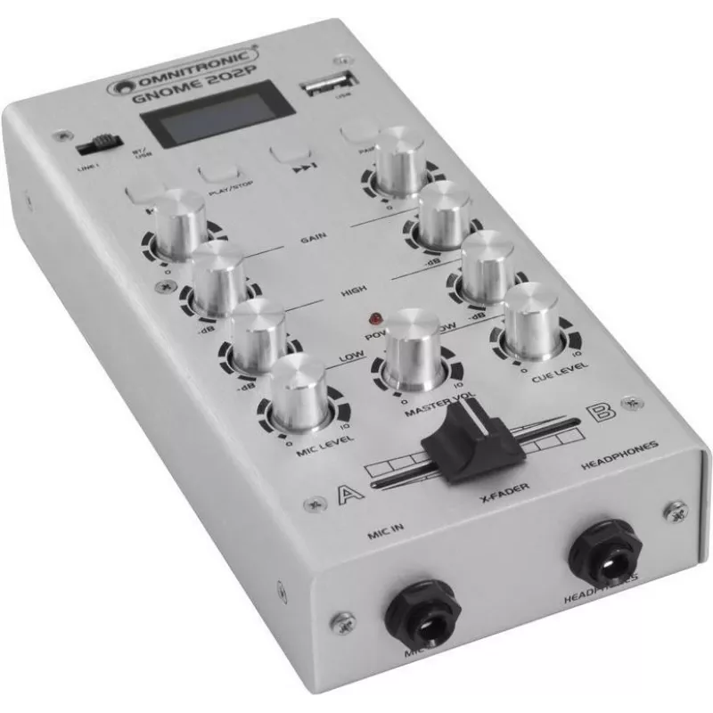 Mini maišytuvas Omnitronic GNOME-202P, 2 kanalų kompaktiškas maišytuvas su 3 juostų EQ