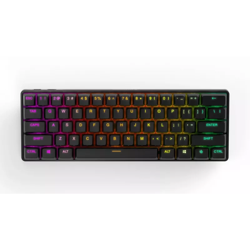 Mechaninė žaidimų klaviatūra STEELSERIES Apex Pro Mini Wireless — 60% formos koeficientas, USB + RF belaidis + Bluetooth, QWERTY US, Juoda