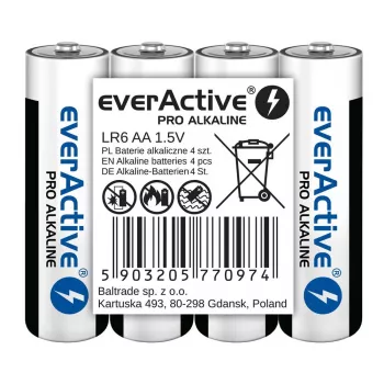 Šarminės baterijos everActive LR6 AA pakuotėje 4 vnt. — 1,5 V, 3000 mAh, 50,5×14,5 mm
