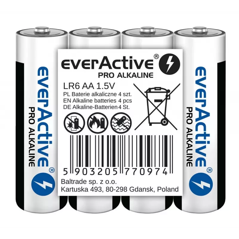 Šarminės baterijos everActive LR6 AA pakuotėje 4 vnt. — 1,5 V, 3000 mAh, 50,5×14,5 mm