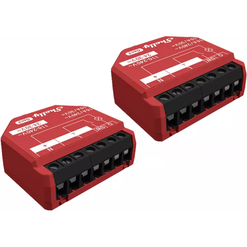 Išmanusis jungiklis Shelly SHELLY_1PM_GEN3_2ER — belaidis 110–240 V, 1,2 W suvartojimas, maks. 240 V, plastikinis korpusas, 42×16×37 mm, 2 vnt. pakuotė