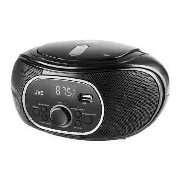 Nešiojamasis CD grotuvas JVC RD‑E221B — juodas, CD/MP3, kasetinis denis, USB atkūrimas, FM radijas, AUX, maitinamas iš tinklo / baterijų