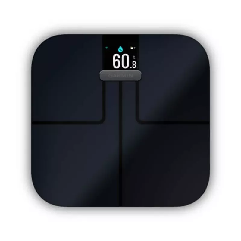 Elektroninės asmeninės svarstyklės GARMIN Index S2 – juodos, maks. 181,4 kg, Wi‑Fi/Bluetooth, kūno sudėties analizė