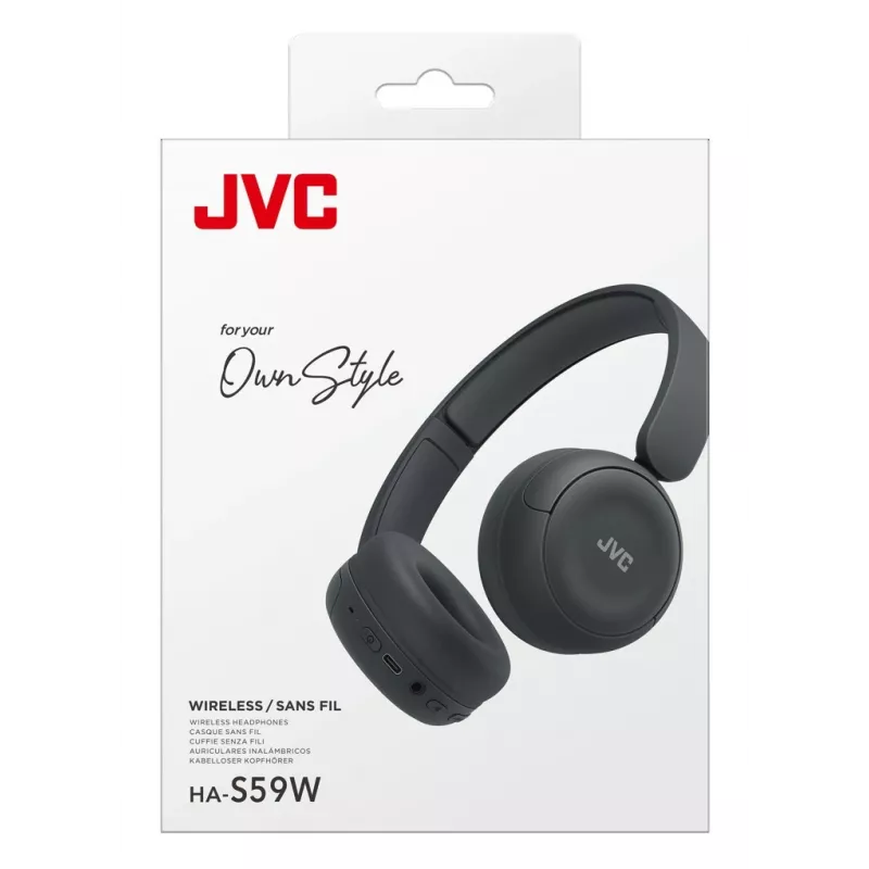 Ausinės JVC HA-S59W — laidinis ir belaidis Bluetooth, USB‑C, supraauralinės, 20–20000 Hz, 1,2 m kabelis, 148 g, juodos