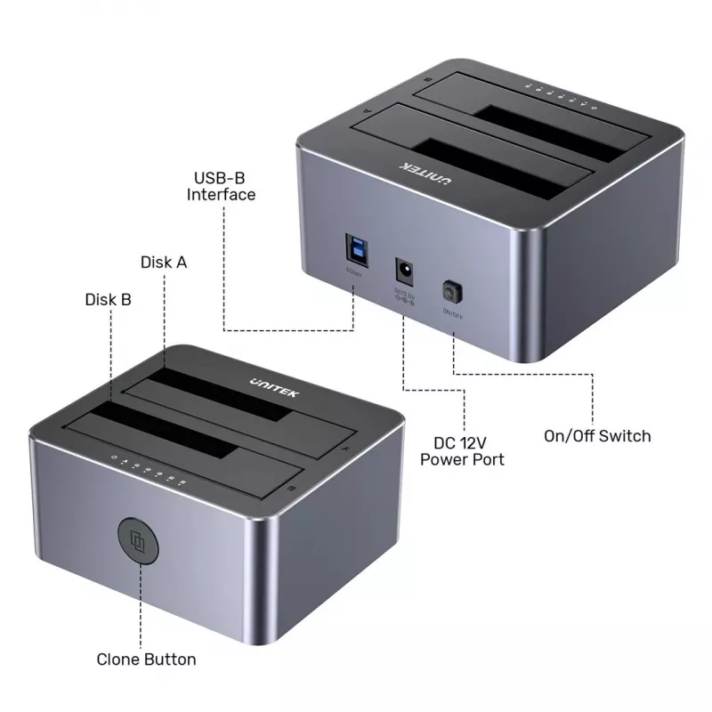 Unitek klonavimo stotis 2X SATA 2,5/3,5 USB 5GB