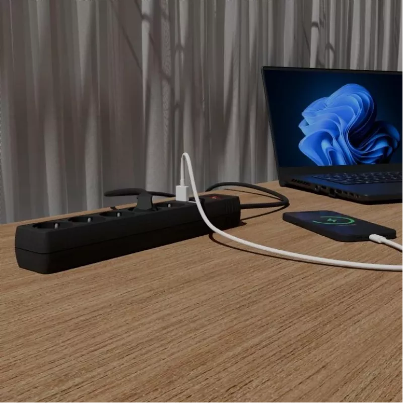 “Gembird SPG5-U2-5-02” kištukinis lizdas su USB įkrovikliu, 5 lizdai, 1,5 m, 2x USB, juodas