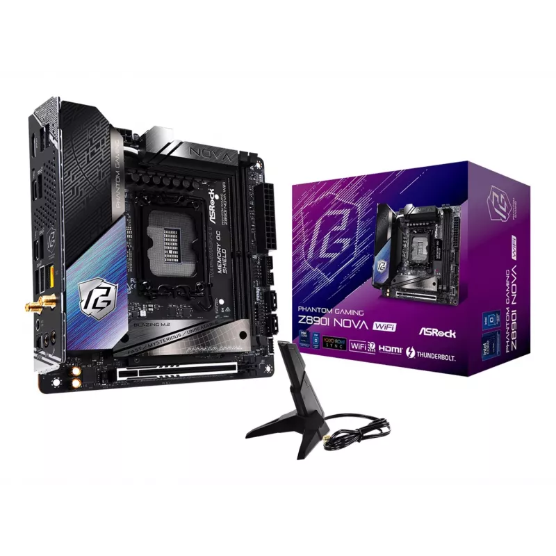 Pagrindinė plokštė ASRock Phantom Gaming Z890I Nova WiFi — Intel Z890, LGA 1851, Mini ITX, DDR5, 2x M.2, Wi‑Fi 6E/7, 5Gb LAN, Thunderbolt