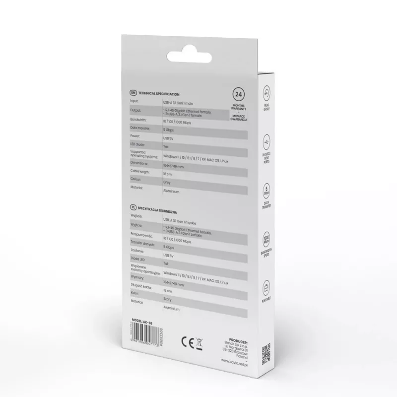 SAVIO USB-A šakotuvas su RJ-45 Gigabit Ethernet AK-57 — 3× USB-A + RJ-45, USB 3.2 Gen 1 Micro‑B prieglobos prievadas, 5 Gbit/s, 4 prievadai, pilkas