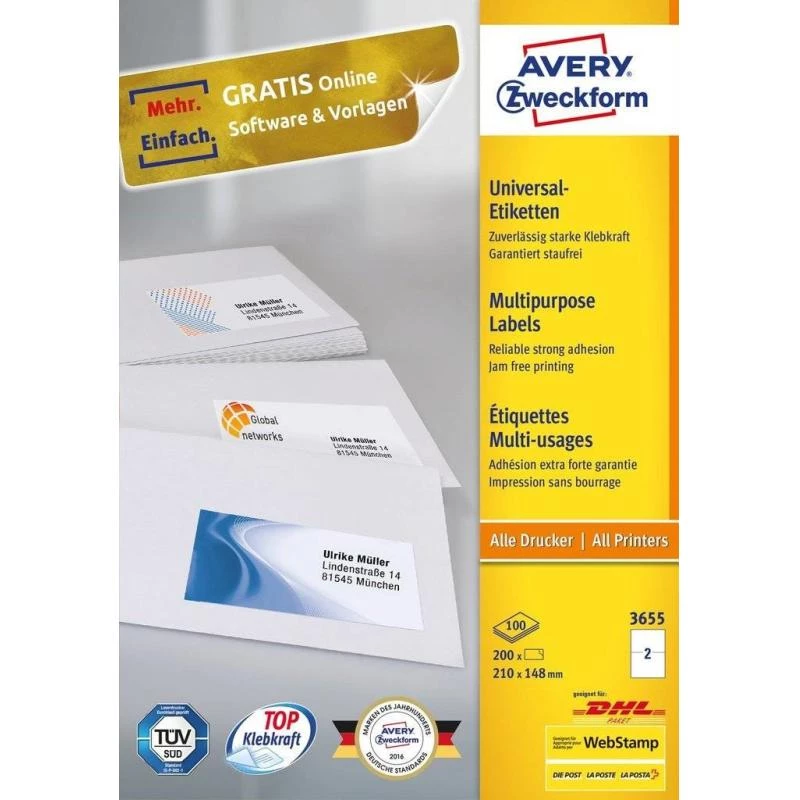 Avery 3655 lipnios etiketės Stačiakampis Nuolatinis Baltos 200 vnt.