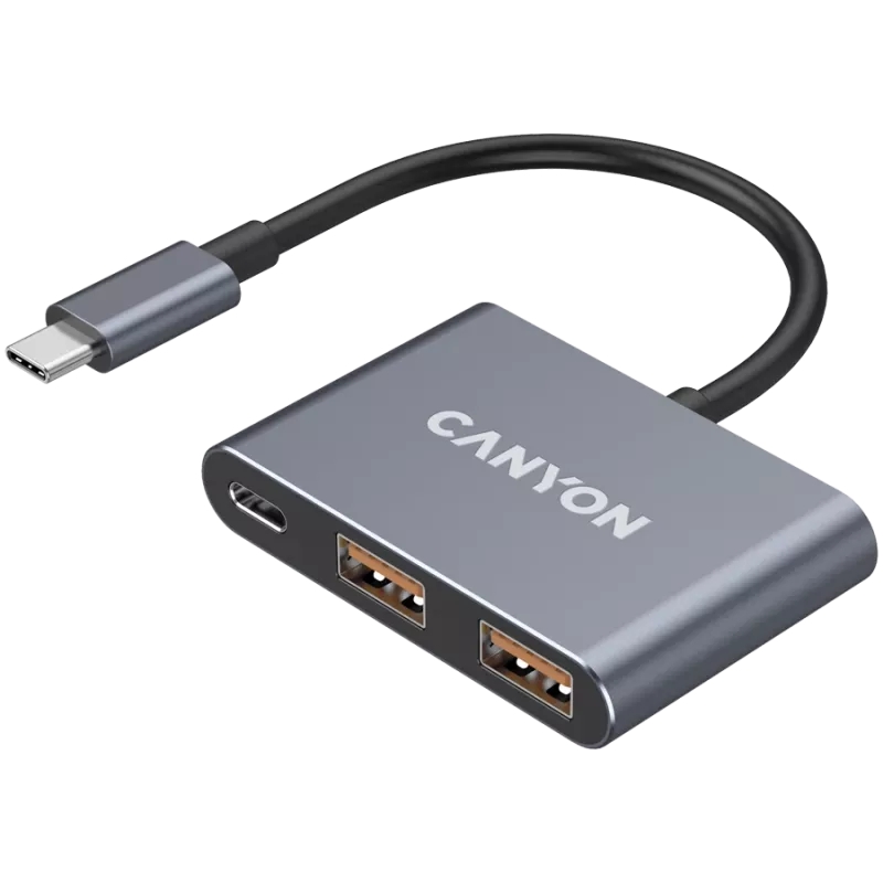 USB-C 3 viename šakotuvas CANYON DS-3 tamsiai pilkas — USB-C į USB-A + HDMI + PD pralaidumas