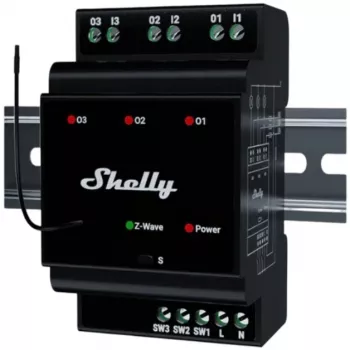 Išmanioji relė Shelly Wave PRO 3 — juoda, plastikinis korpusas, 110–240 V kintamosios srovės, 50–60 Hz, 0,3 W, 53×59×96 mm