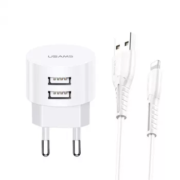 usamps Charger T20 2x USB 2.1A su Lightning kabeliu – nešiojamas USB sieninis įkroviklis