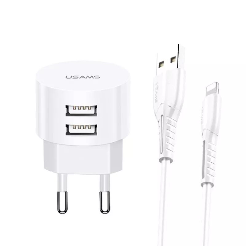 usamps Charger T20 2x USB 2.1A su Lightning kabeliu – nešiojamas USB sieninis įkroviklis