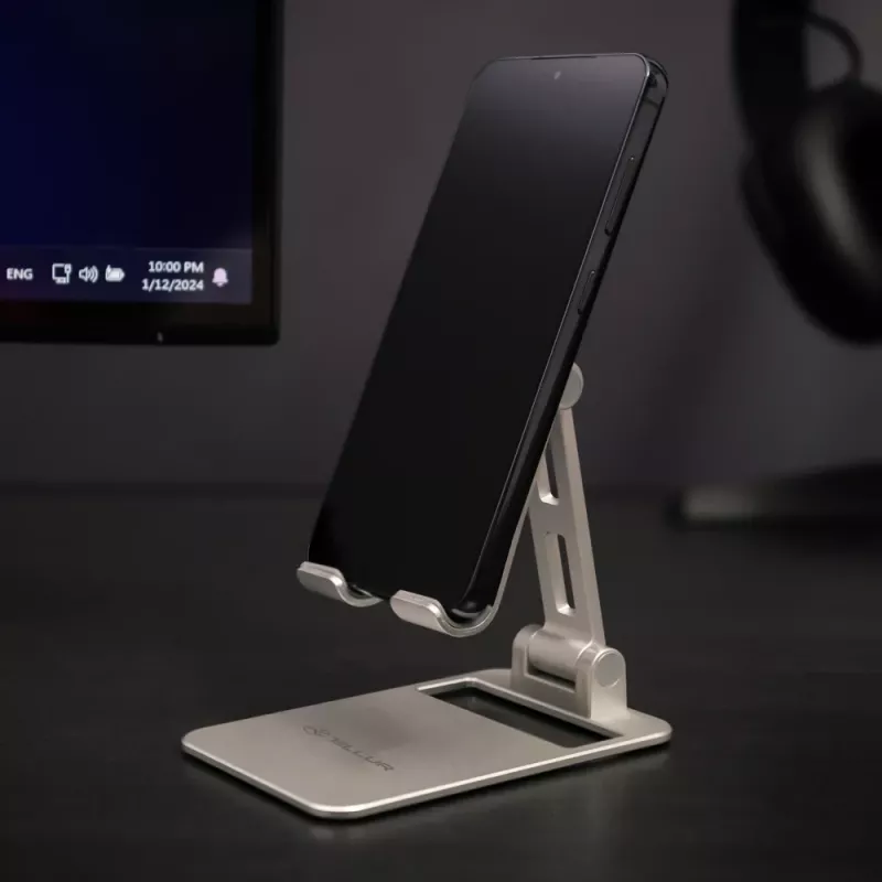 Stalinis telefono laikiklis Tellur TLL171271 — aliuminis, sidabrinė apdaila, reguliuojama atrama išmaniesiems telefonams ir mažoms planšetėms