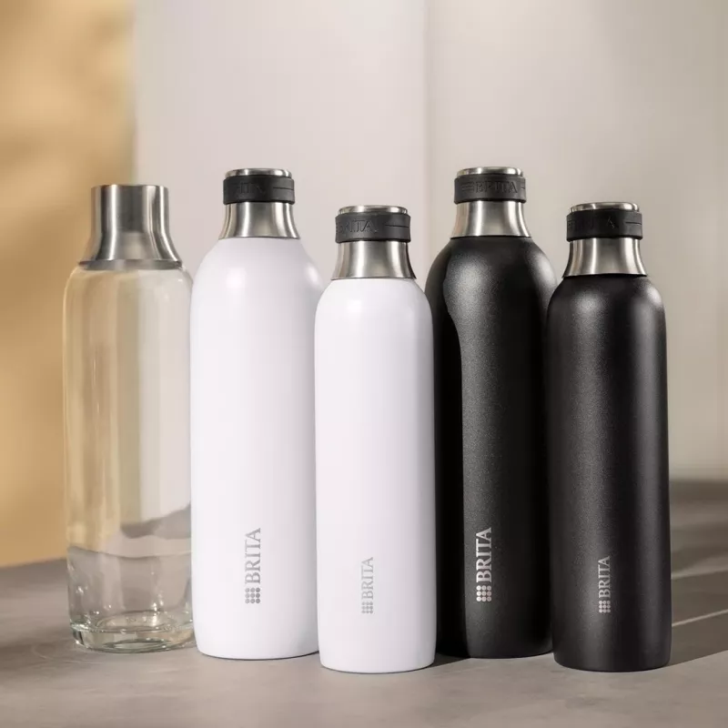 Gazuojantis butelis BRITA 118426 – 1 L stiklinis butelis su nerūdijančio plieno dangteliu, 287 mm aukštis, 2 vnt. pakuotėje