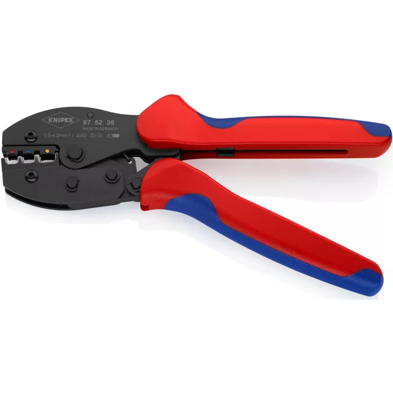 Užspaudimo įrankis Knipex PreciForce modelis 975236 SB — izoliuotos rankenos juodos, mėlynos ir raudonos spalvos