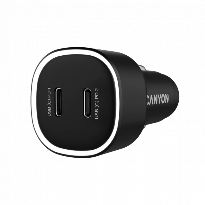 Automobilinis įkroviklis CANYON OnDrive 60 PD 60W 2xUSB-C — 60 W galia, 2 USB-C prievadai, juodas