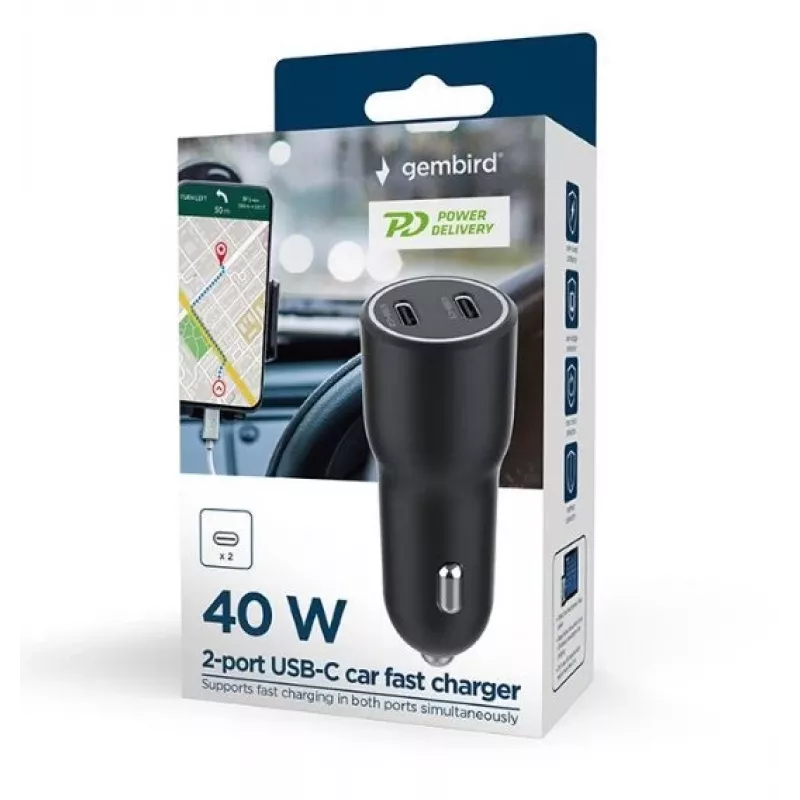 Gembird TA-UC-C2PD40-CAR-01 maitinimo adapteris juodas