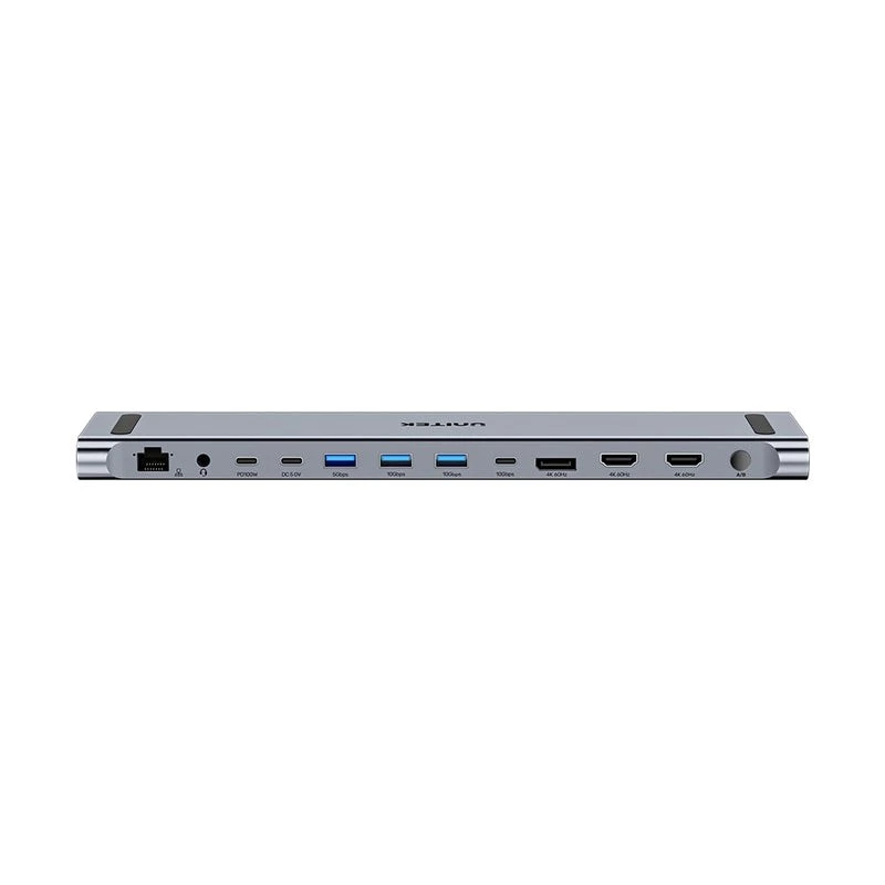 KVM jungiklis Unitek D1106AGY01 USB-C triguba 4K prijungimo stotelė su KVM, 3x USB-A, 5x USB-C, HDMI×2, DP×1, RJ-45, SD skaitytuvas, 3840×2160@60Hz, aliuminis
