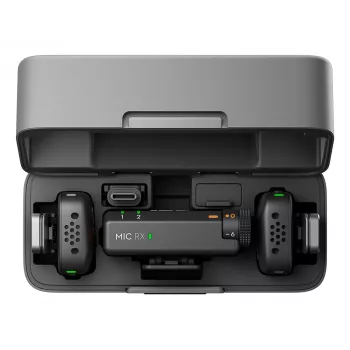 „DJI Mic Mini“ (2 TX + 1 RX + įkrovimo dėklas) belaidžių mikrofonų rinkinys – tamsiai pilkas