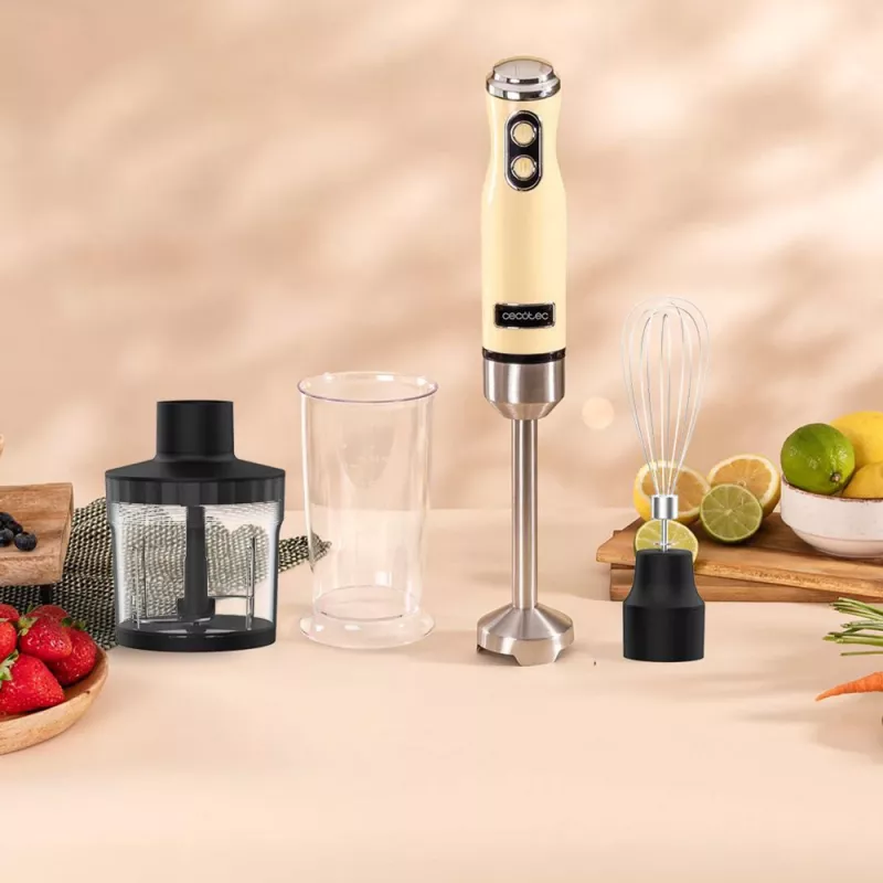 Rankinis plakiklis CECOTEC Power Mixer RetroGeltona 1200MAX Cream&Crush, 1200 W, keli greičiai, tešlos kabliukai ir plakimo šluotelės