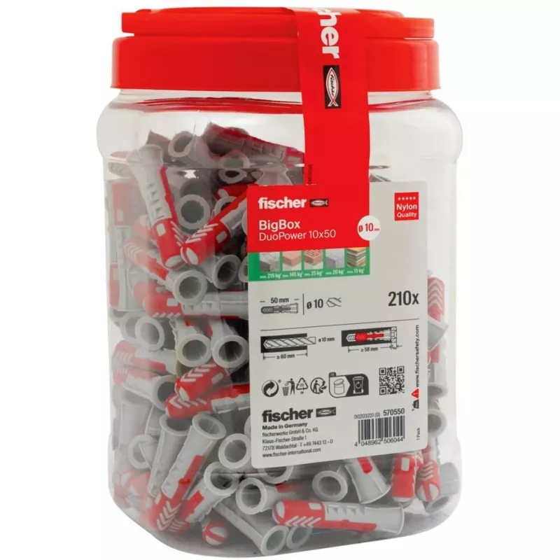 fischer kaištis DUOPOWER 10x50 BigBox šviesiai pilkas / raudonas 210 vnt. pakartotinai uždaromoje pakuotėje (570550)
