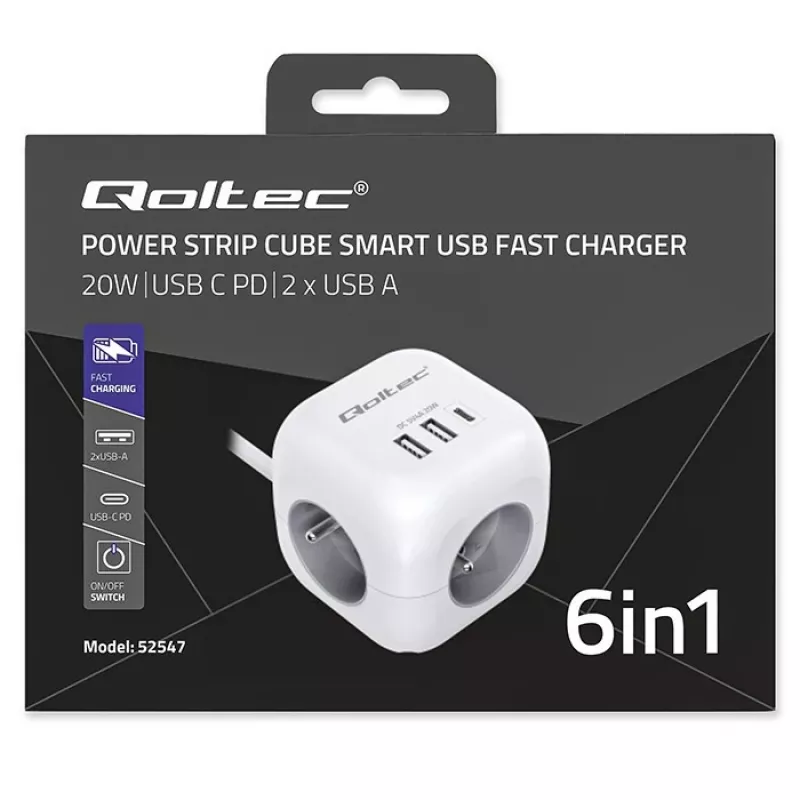 Maitinimo kubas QOLTEC 52547 – maitinimo šakotuvas su 3× AC lizdais, 2× USB-A, 1× USB-C PD 20W