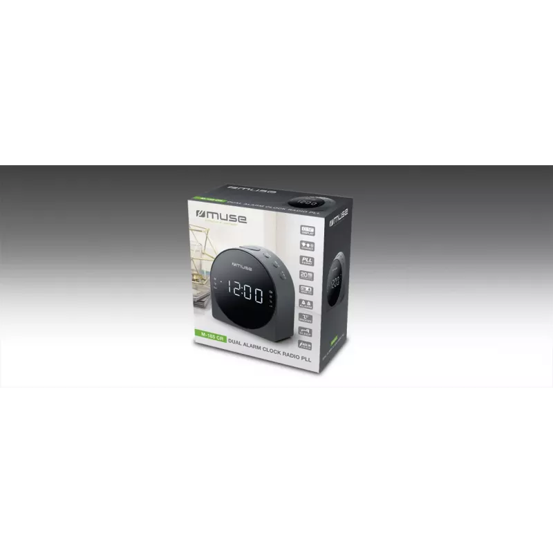 Radijo laikrodis Muse M-185 CR — FM/MW, 0,9 colio LED ekranas, AC 230V su AAA baterijų atsarginiu maitinimu, juodas