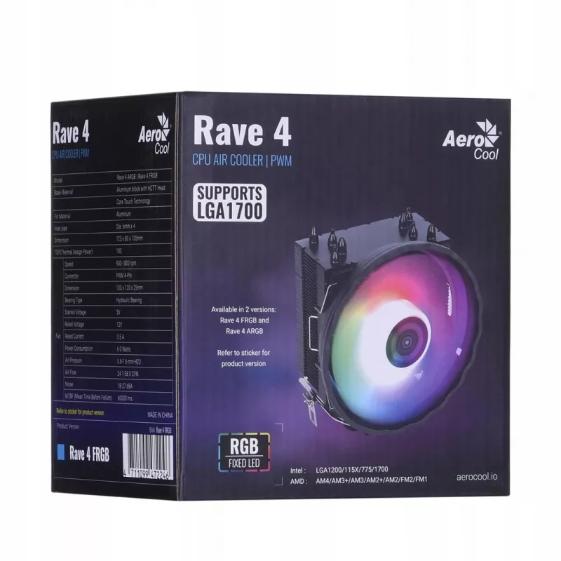 CPU aušintuvas AEROCOOL PGS Rave 4 FRGB 120 mm ventiliatorius, 4 šilumos vamzdeliai, ARGB, 120×25 mm, 1800 aps./min., 12 V, 0,5 A
