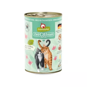 Šlapias kačių ėdalas Fox4Pets Granatapet DeliCATessen Elniena ir tunas 400 g, pilnavertis suaugusių kačių pašaras, 78 % drėgmės