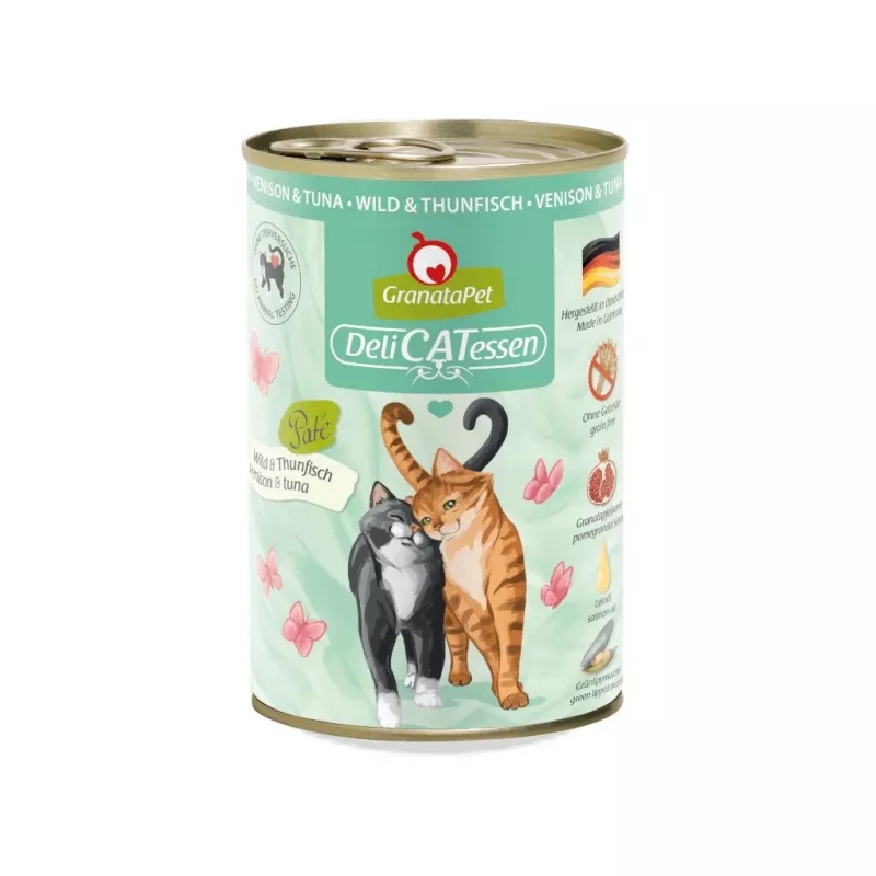 Šlapias kačių ėdalas Fox4Pets Granatapet DeliCATessen Elniena ir tunas 400 g, pilnavertis suaugusių kačių pašaras, 78 % drėgmės