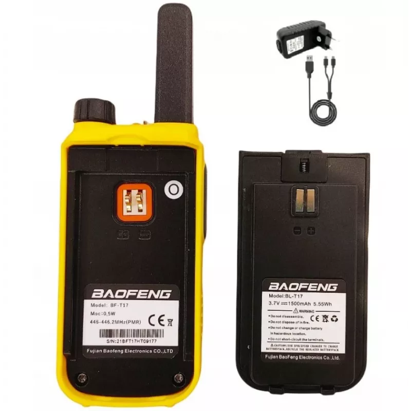 Rankinė radijo stotelė Baofeng BF-T17 — vaikiška racija, 16 kanalų, 5 W, 400–470 MHz, 1500 mAh baterija, geltona