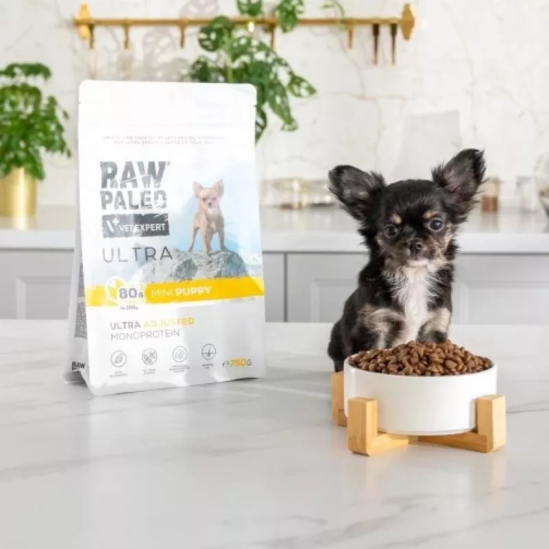Sausas šunų maistas VETEXPERT Raw Paleo Ultra Mini Puppy Turkey 750 g — mažų veislių šuniukų maistas, 30% baltymų, 14% riebalų
