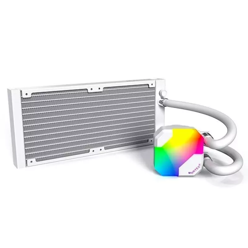 AIO vandens aušintuvas “Montech Hyper Flow ARGB 240 mm” baltas — 240 mm radiatorius, ARGB apšvietimas, balta apdaila