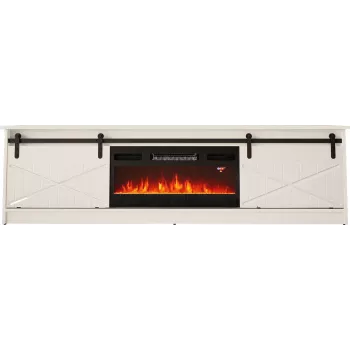 TV spintelė su elektriniu židiniu Cama Meble GRANERO model RTV GRANERO + KOM B/B, 200x56.7x35 cm, balta/baltas blizgesys, 2 durys, 2 lentynos, MDF/drožlių plokštė