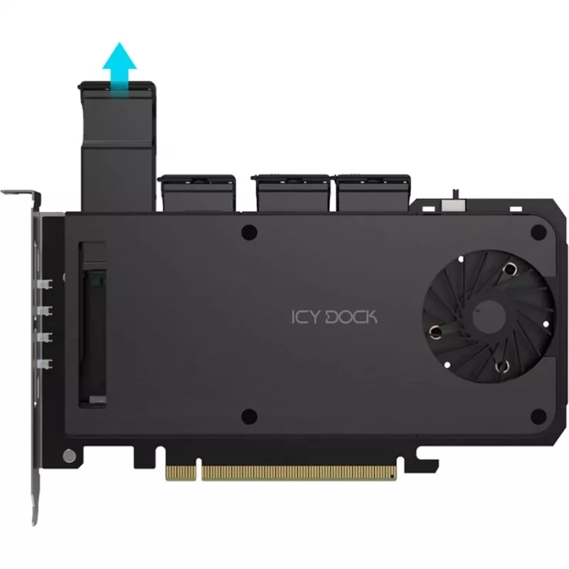Mobilaus stovo adapterio kortelė icy dock MB204MP-1B — 4 × M.2 NVMe SSD karšto keitimo mobilus stovas