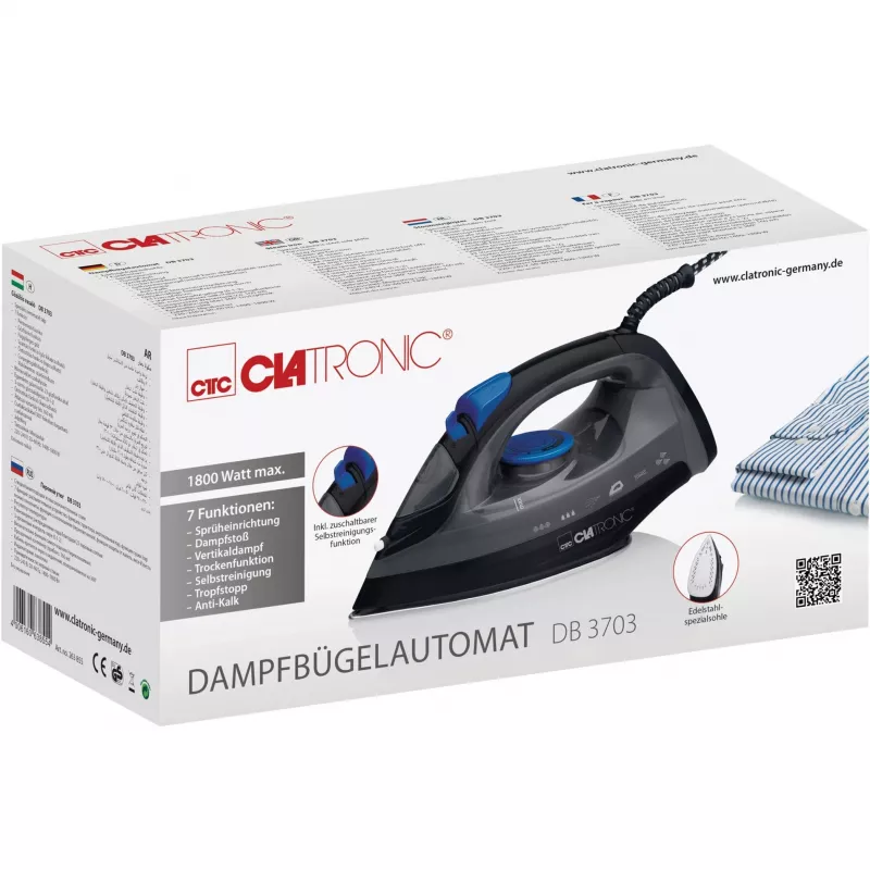 Clatronic DB 3703 — Sausasis ir garinis lygintuvas, nerūdijančio plieno padas, 1800 W, juoda/pilka
